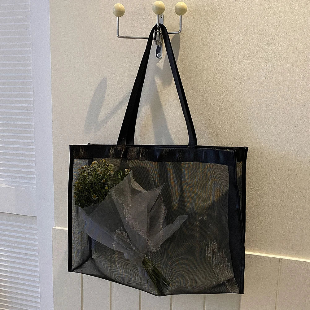 Fashion Totes Bags Large Capacity Mesh Top-Handle Handbag Solid Color Storage Bags Transparent All-match for Beach Swimming