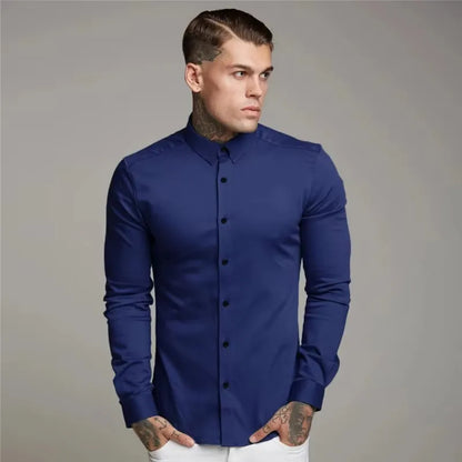 Men's Shirt Fashion Full Sleeve Shirt Men's Muscle Casual Slim-fit Business Dress Solid Color Shirt Men's Gym Fitness Men Shirt