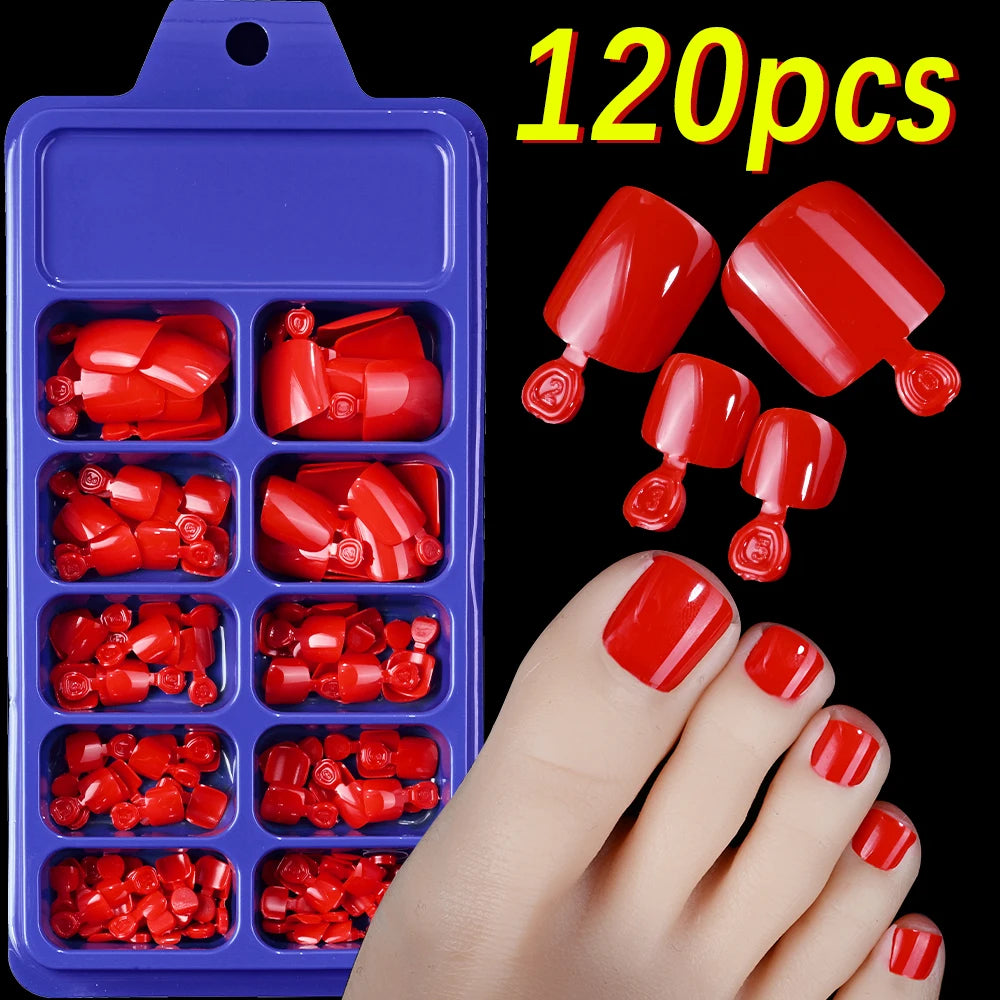 144pcs Short Square False Toe Nails Lake Blue/White/Red/Nude Press on Toenails Glossy Full Cover Toe Nails 100/120pcs Artificial
