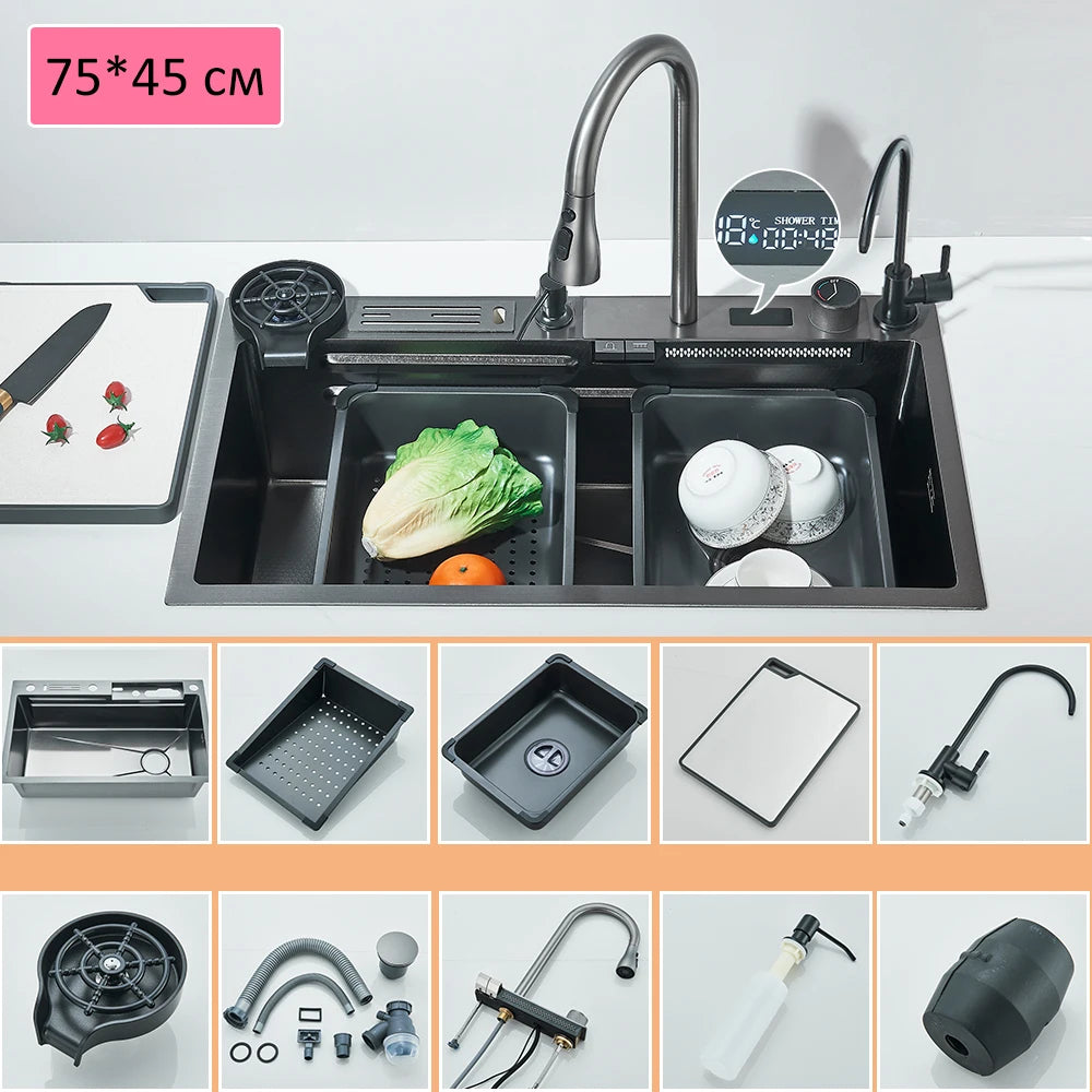 304 Stainless Steel Waterfall Kitchen Sink Large Single Slot Integrated Digital Display Faucet Set Soap Dispenser Cup Washer
