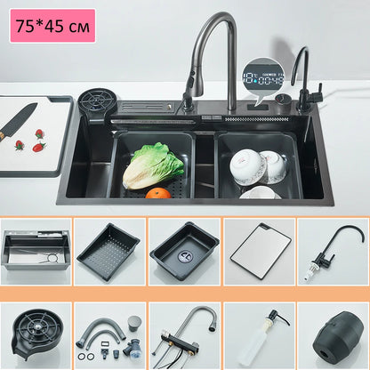 304 Stainless Steel Waterfall Kitchen Sink Large Single Slot Integrated Digital Display Faucet Set Soap Dispenser Cup Washer