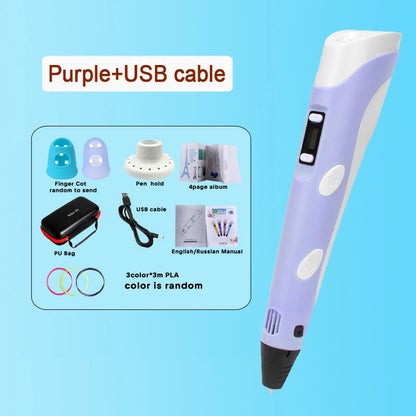 3D Printing Pen 9/50/100/200M PLA Filament LED Display With PU Case DIY Drawing Pens Stimulate Creativity Kids Toys 3D Pen