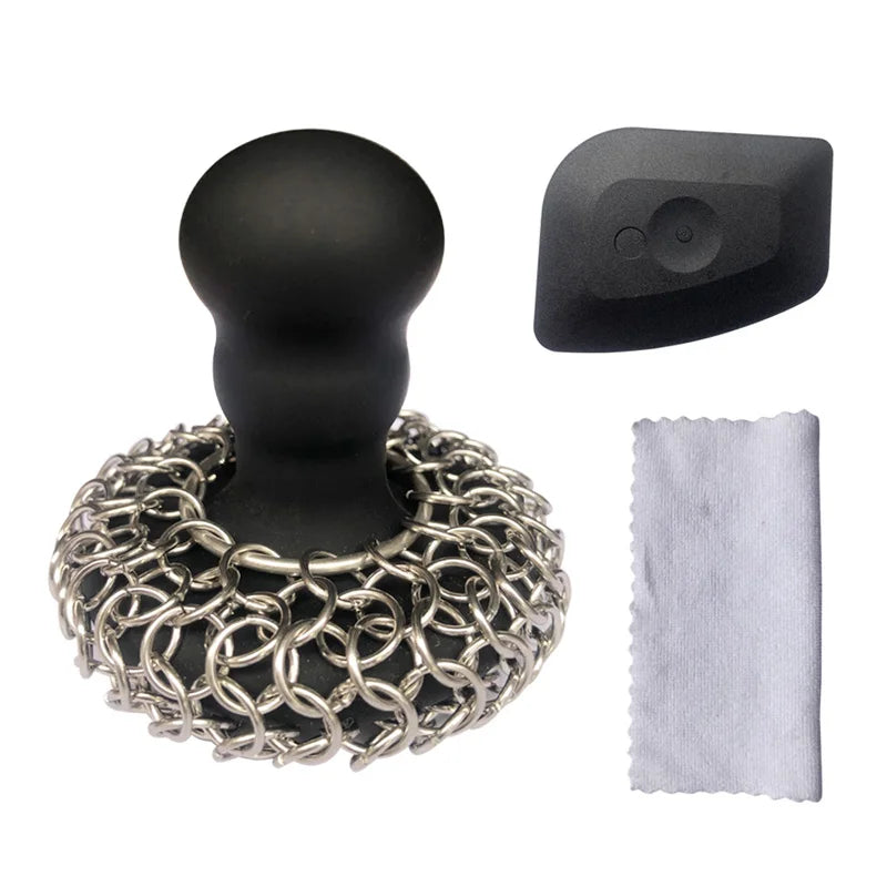 Chainmail Scrubber with Silicone Handle Cast Iron Cleaner for Cast Iron Grill Pan Skillet Wok Bakeware Cast Iron Scrubber