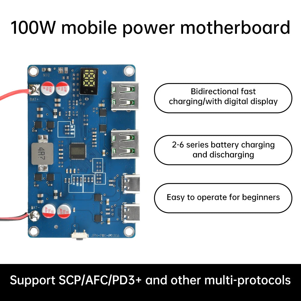 100W PD QC Power Bank Bidirectional Fast Charging Mobile Power Module DIY Power Bank 2-6S Lithium Battery Protection Motherboard