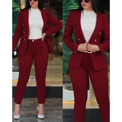 Office Lady 2 Pieces Blazer Set Ladies 2024 Elegant Pant Suit Women Chic Trousers Suit Casual Long Sleeve Jacket High Waist Pant
