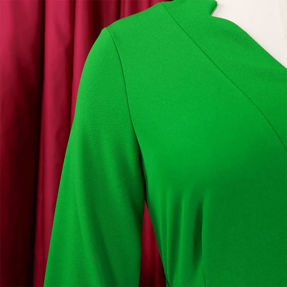 Office Dresses for Women V Neck Full Sleeve Belt Waisted Pleated Mid Calf Elegant Female Business Work Wear Dress Midi Cloth New