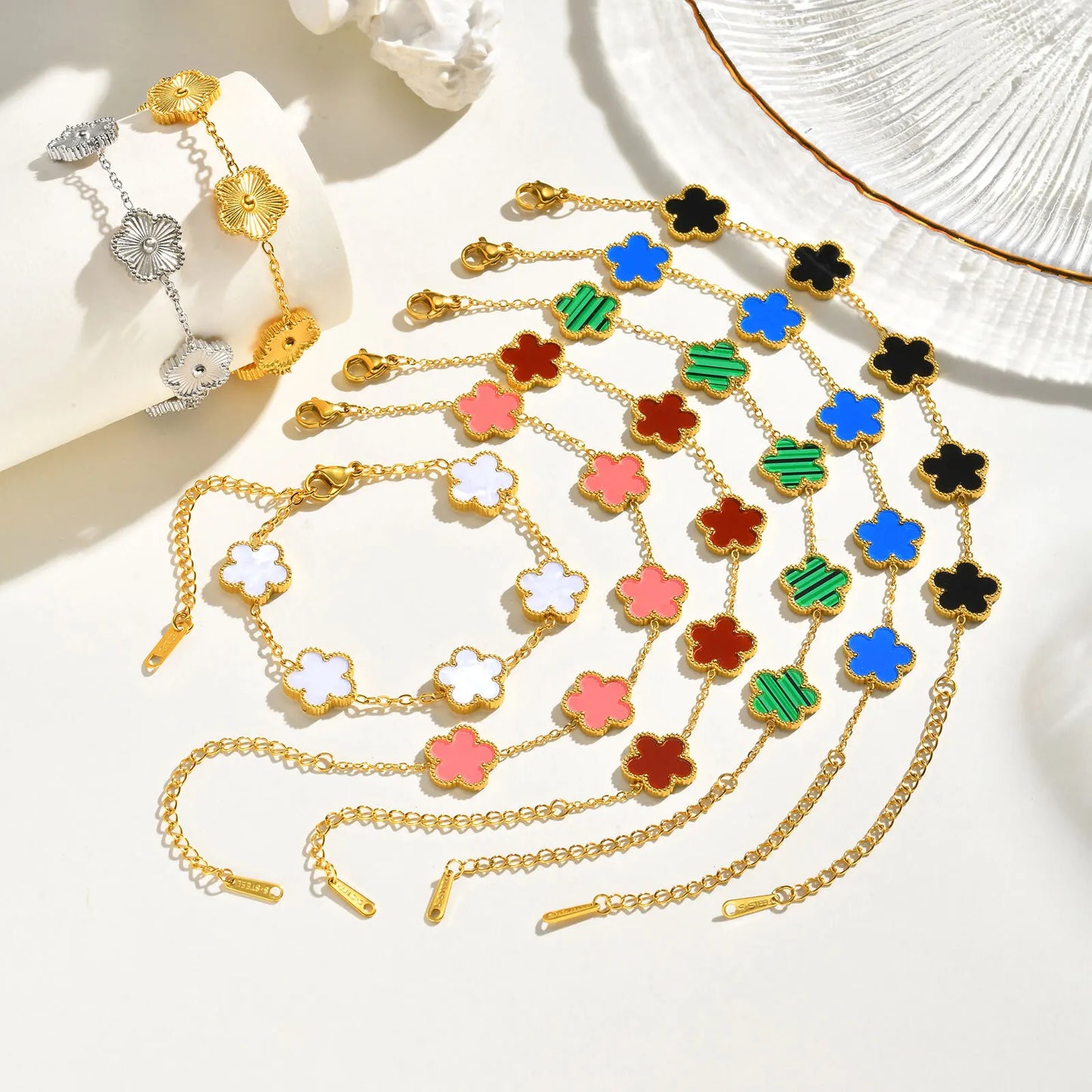 Vnox Stainless Steel Colorful Clover Cute Hand Bracelet For Woman Fashion Five Leaf Flower Lucky Jewelry Accessories Gift To Her