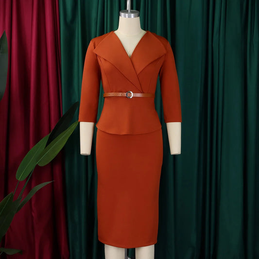 Elegant Office Dresses for Woman V Neck Full Sleeve Belt Waisted Sheath Package Hips Mid Calf Formal Business Work Wear Gowns OL