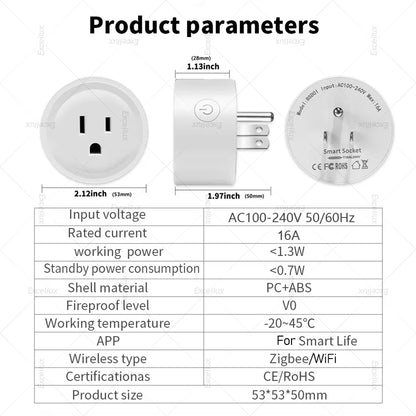 Zigbee 3.0 Smart Socket US Plug 16A With Power Monitoring Timing Function WiFi Outlets Works With Alexa Home Assistant