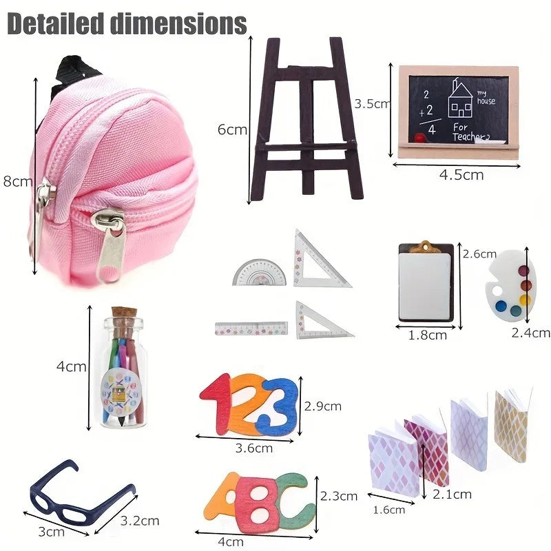 Miniature School Supplies for Dollhouse Toy Mini Home Miniature Model DIY Doll Accessories Canvas Backpack Desk Chalkboard