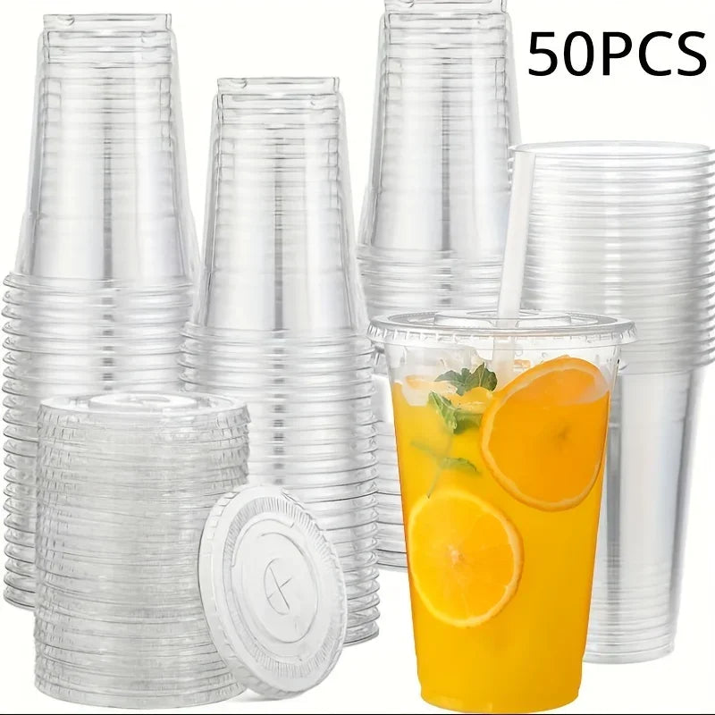50pcs/Set 12/16OZ Plastic Cups With Lids Disposable Cups For Iced Coffee Smoothie Milkshake Cold Drinks Birthday Party Supplies
