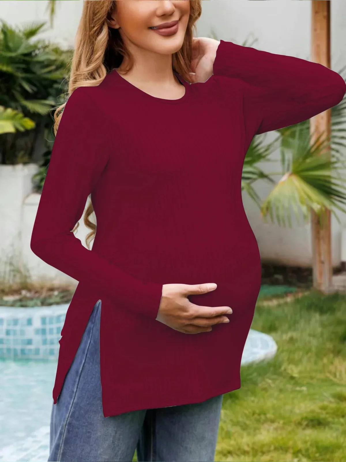 Spring New Maternity Clothes Round Neck Solid Color Slit Long Sleeve Base T-shirt Tops For Pregnant Women Maternity Wear