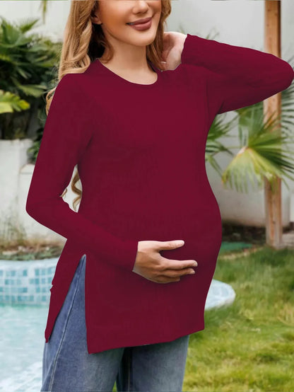Spring New Maternity Clothes Round Neck Solid Color Slit Long Sleeve Base T-shirt Tops For Pregnant Women Maternity Wear