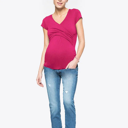 Maternity Clothes For Women Breastfeeding Clothing Short Sleeve T-Shirt Solid V-Neck Pregnant Women's Nursing Tops