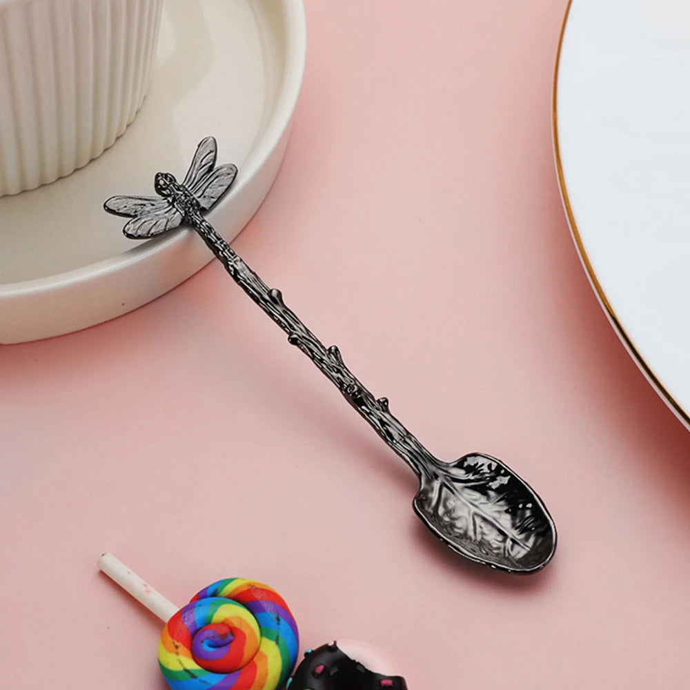 Retro Dessert Spoon Dragonfly Twig Decorative Stirring Spoon Alloy Leaf Spoon Lightweight Portable Coffee Tea Spoon Kitchen Tool