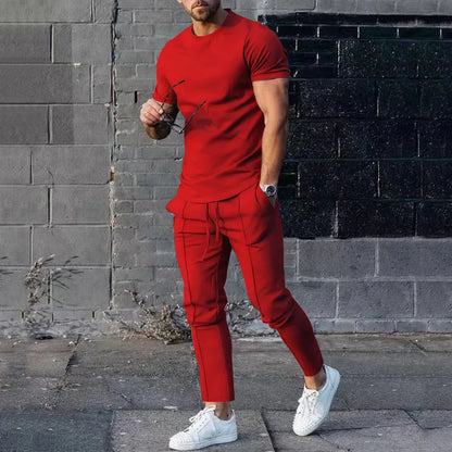 Sports Set Mens Fall 2023 Summer Solid Casual Round Neck Short Sleeve Sports T-shirt Two Piece Set for Men