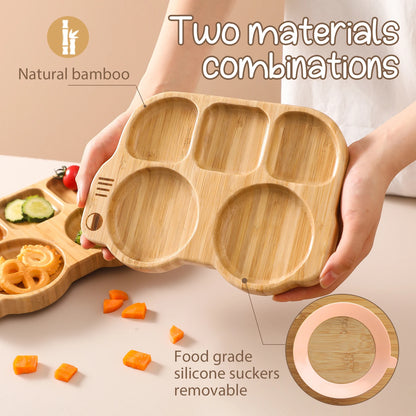 Baby Silicone Sucker Plate Spoon Fork Sets Children Feeding Tableware Set BPA Free Wooden Food Grade Dinner Plate Baby Stuff