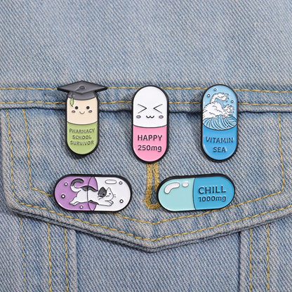 Happy Capsule Pill Enamel Pin Vitamin Sea Pharmacy School Survivor Pharmacist Brooch Badge Jewelry Gift For Medical Student