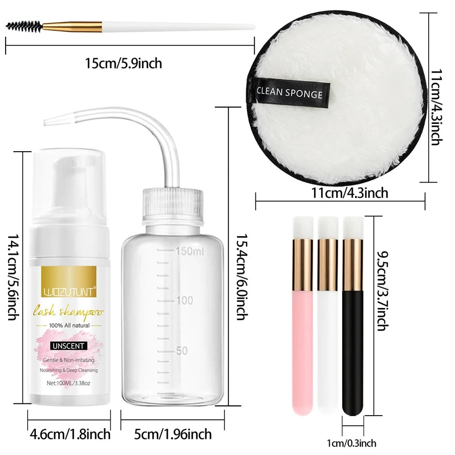 Lash Extension Shampoo 100ml Women Foam Mousse Eyelash Rinse Bottle Lashes Shampoo and Makeup Remover Pads with Brush 7pcs/Set