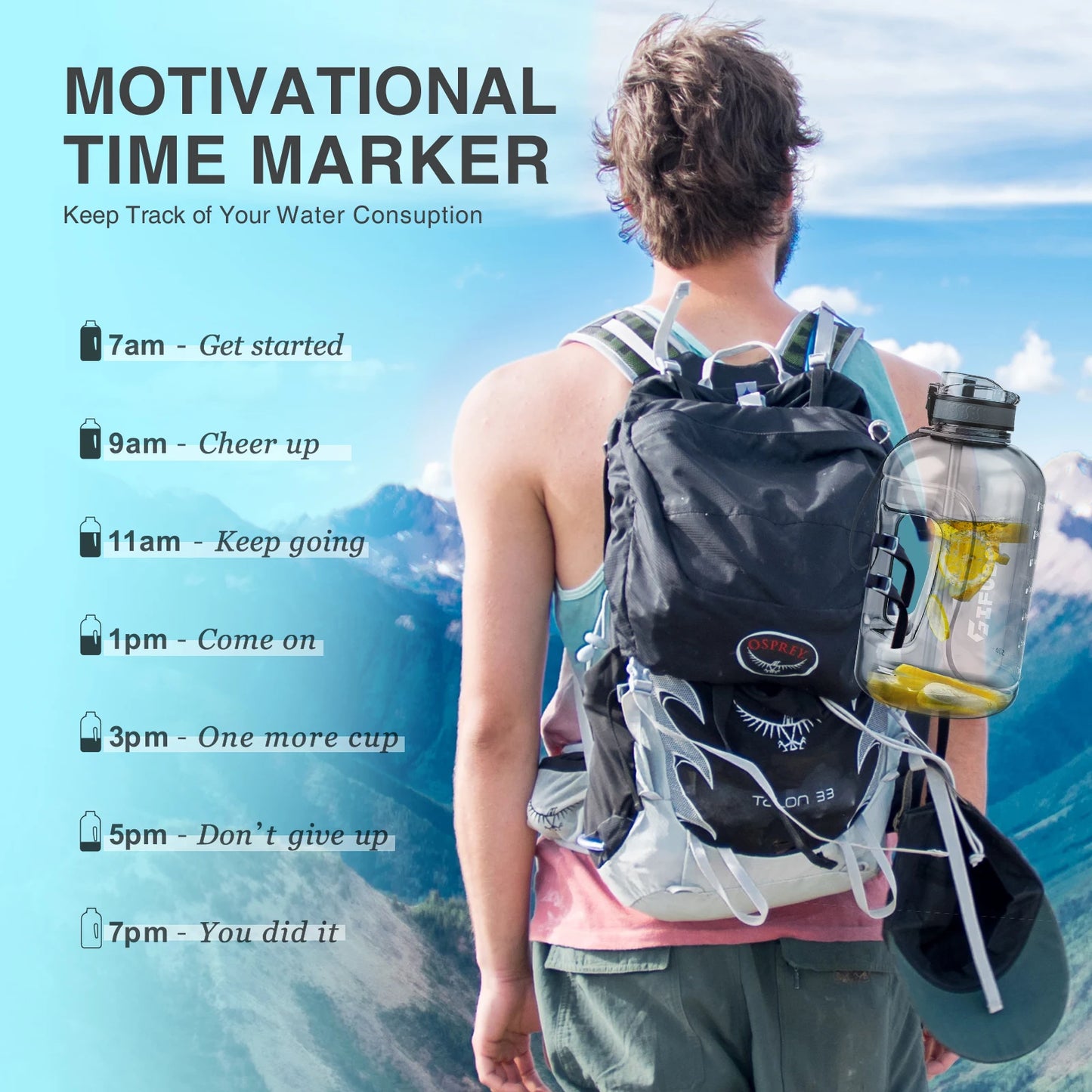 3 Liter Water Bottles with Times to Drink Motivational Straw Sports Big Jug with Handle Leak Proof BPA Free for Men and Women