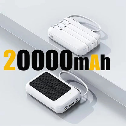 20000mAh High Capacity Solar Power Bank Built 4 Cables Fast Charger 2 USB Ports Portable External Powerbank LED Light Powerbank