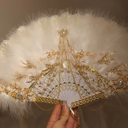 Feather Fan Lolita Dance Cheongsam Catwalk Show Folding Fan Retro Nostalgic Hanfu Fairy Lace Fan