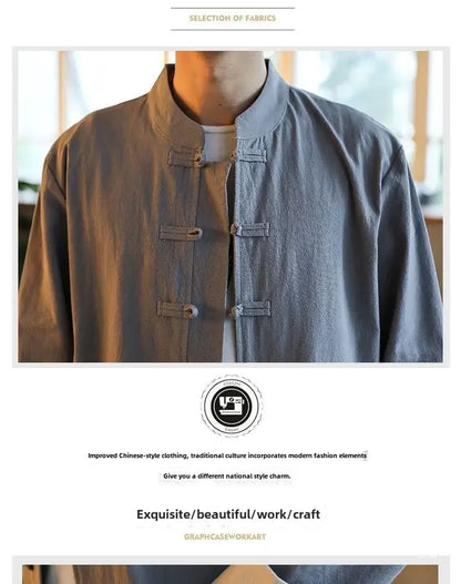 Traditional Chinese Men's Tang Suit Cotton Linen Ancient Costume Tea Servant Zen Meditation Clothing Middle Mountain Hanfu