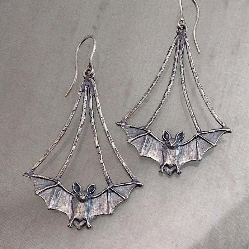 Vintage Metal Artisan Carved Bat Earrings Women's Simple Hip Hop Hook Drop Earrings
