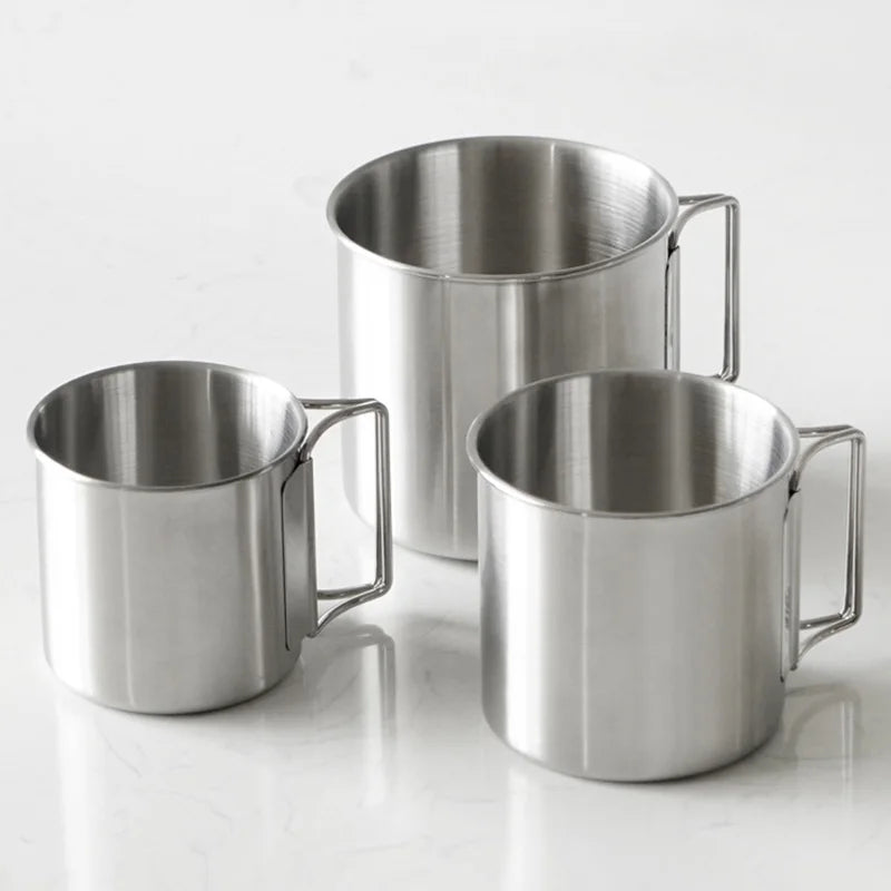 Stainless Steel Camping Cup 250/350/500ml Portable Carabiner Cups Outdoor Water Cup Mug With Foldable Handle Kitchen Drinkware
