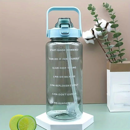 2L Large Capacity Plastic Straw Water Bottle with Time Marker Leak-Proof Design for Outdoor Sports Fitness Travel Hydration Cup