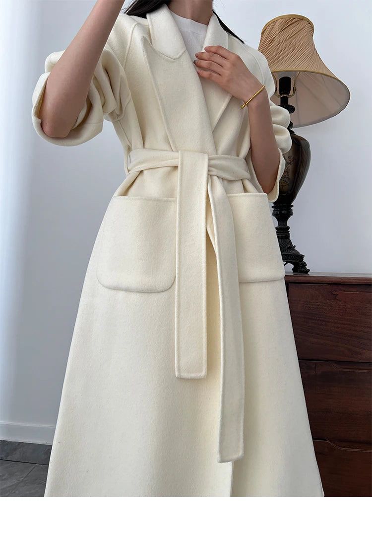 Office Lady Woolen Jackets 2024 Autumn And Winter Bathrobe Style Pocket Double-Sided Loose Lace -Up Tie Women's Long Wool Coats