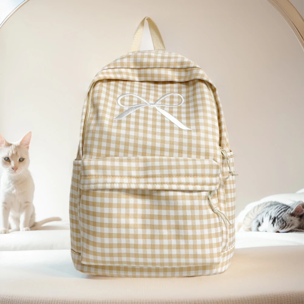 Cute Bowknot Plaid School Backpack Lightweight School Bag Nylon Student Rucksack for Girls Women High School College Work