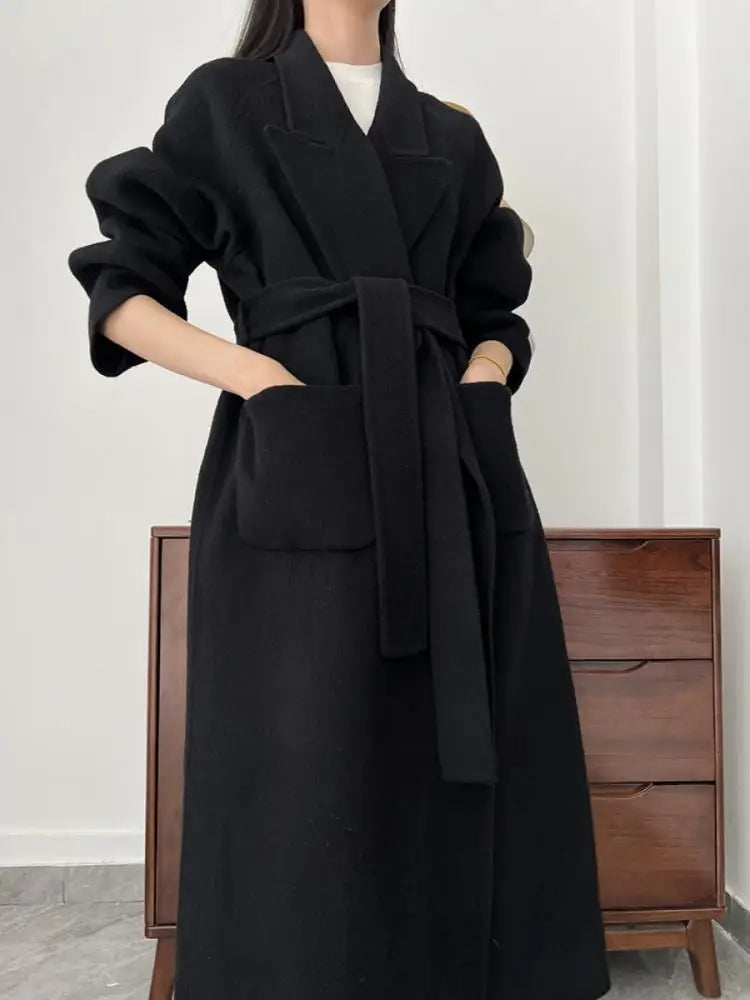 Office Lady Woolen Jackets 2024 Autumn And Winter Bathrobe Style Pocket Double-Sided Loose Lace -Up Tie Women's Long Wool Coats