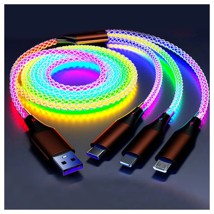 3 in 1 Glowing LED Light 6A 66W Fast Charging Micro USB Type C Cable For iPhone Samsung Xiaomi Redmi Phone Charger USB Cable