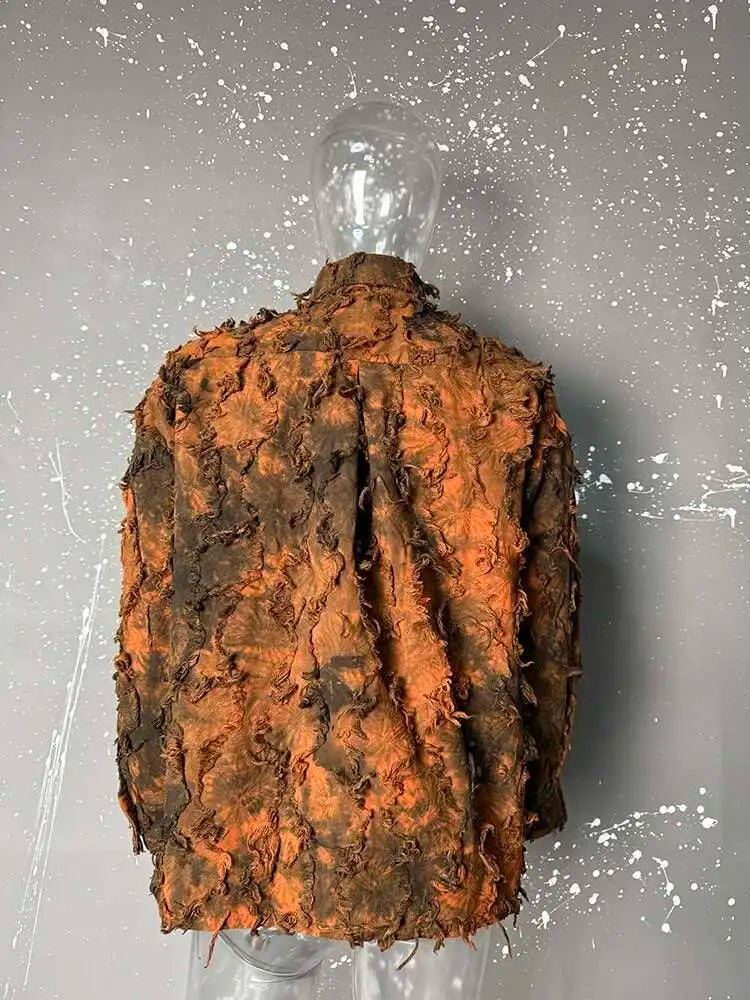 PFHQ Tie Dye Patchwork Shirts Men's Turn-down Collar Long Sleeve Tops Personalized Single Breasted Tassel Male Clothing 21Z9142