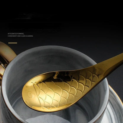304 stainless steel spoon spoon creative fish-shaped cartoon fish spoon dessert spoon rice spoon gold-plated  stirring spoons