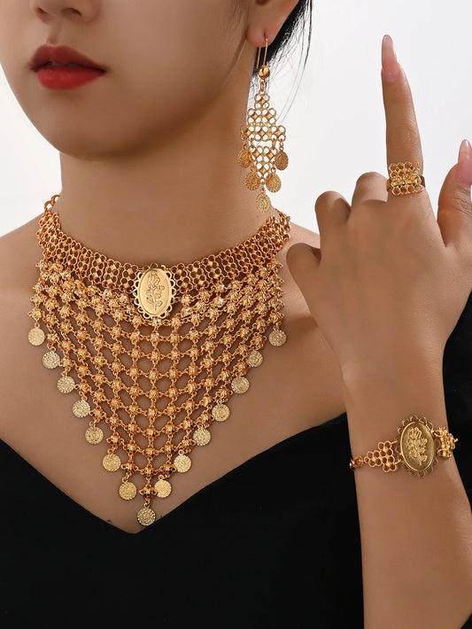 African Fashion Jewelry Set Big Necklace Bracelet Earrings for Women Ring Dubai Bridal Wedding Accessories