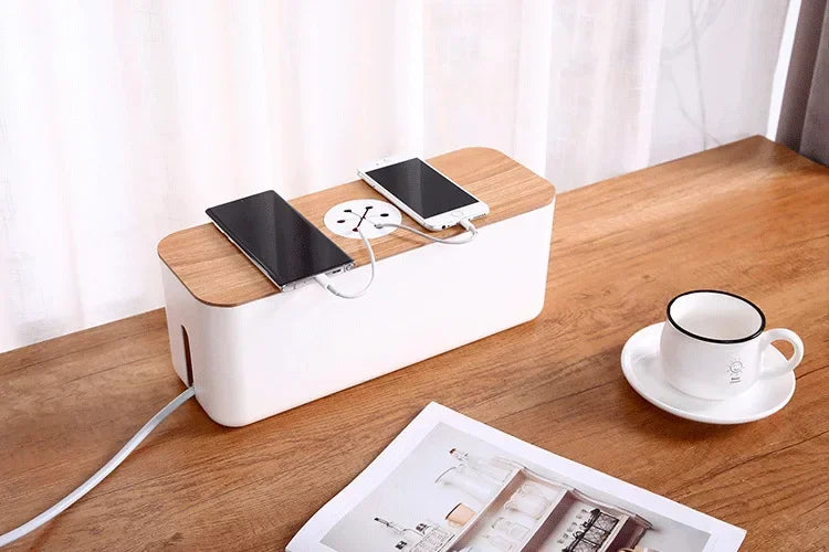 Cable Storage Box Power Strip Case Wooden Power Line Wire Management Organizer Anti-Dust Charger Socket Network Line Storage Bi