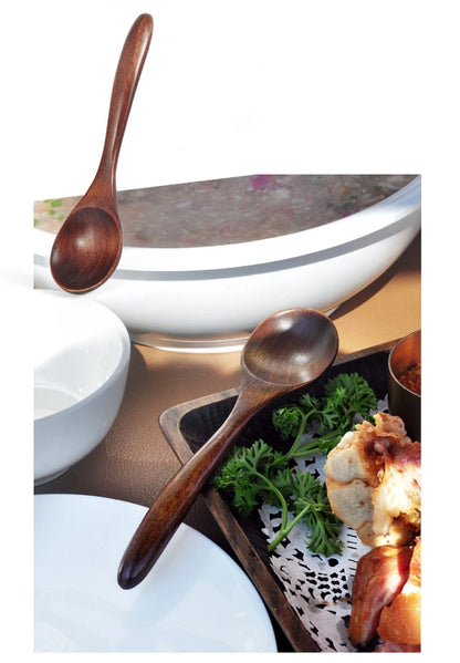 Japanese Wooden Spoon Long Handle Ramen Spoon Baby Eating Spoon Drinking Porridge Spoon Household Wood Tableware Round Spoon