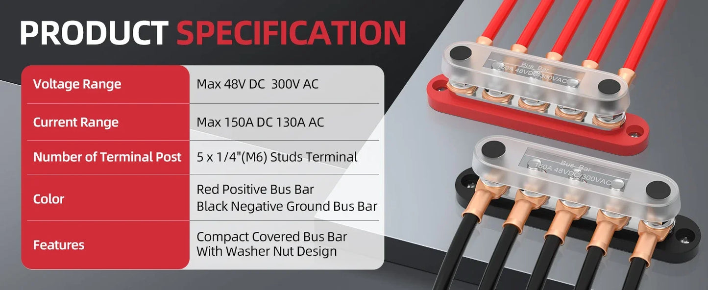 150A Terminal Bus Bar 5*M8 Studs Battery Power Distribution Block Red Black 12V Car Busbars for Automotive Marine Boat