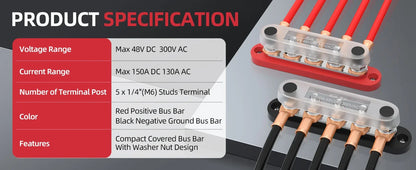 150A Terminal Bus Bar 5*M8 Studs Battery Power Distribution Block Red Black 12V Car Busbars for Automotive Marine Boat