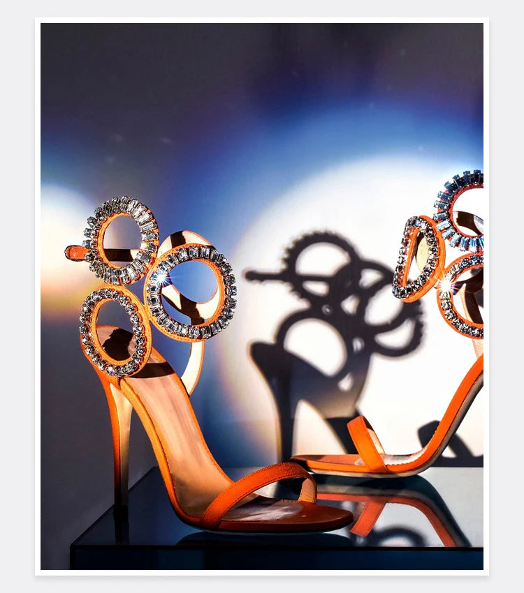 Circle Heels 2024 New Dress Wedding Shoes with Rhinestone Open Heel Roman Sandals