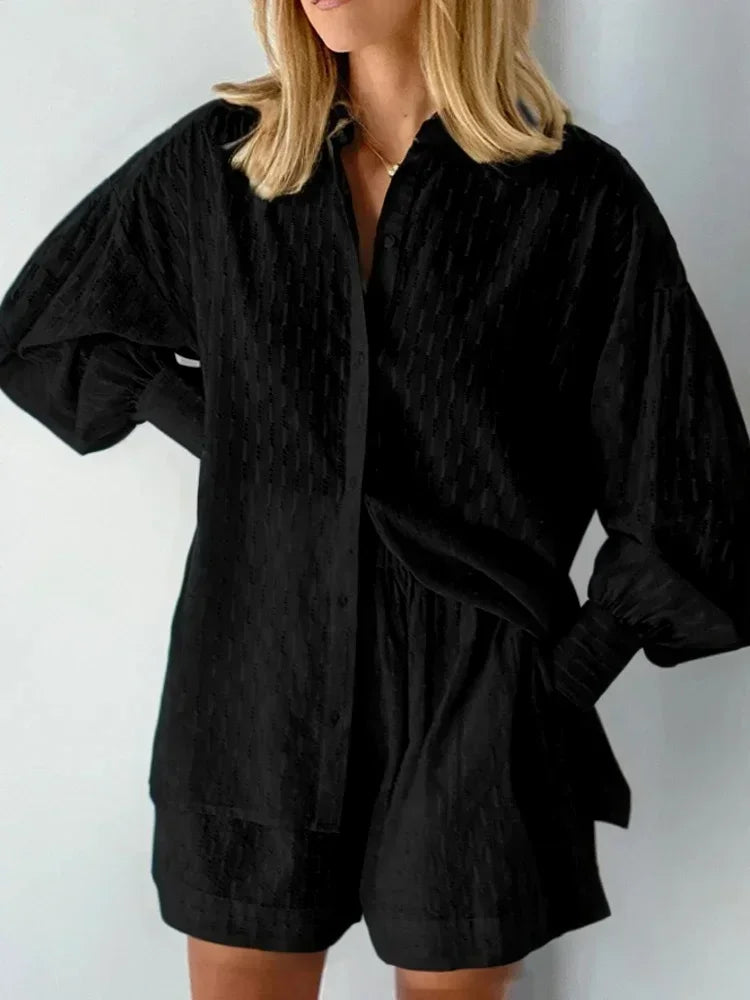 Casual Loose Women Short Two Piece Set Suit Fashion Blouse Long Sleeve Shirt Lady Simple Style Shorts Streetwear Blouse Tops
