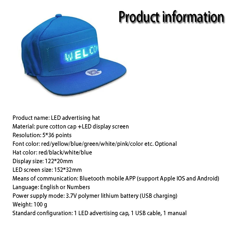 Luminous LED Cap DIY Message And Picture Bluetooth Control Fashion Apparel Accessories LED Decor Glowing Baseball Cap
