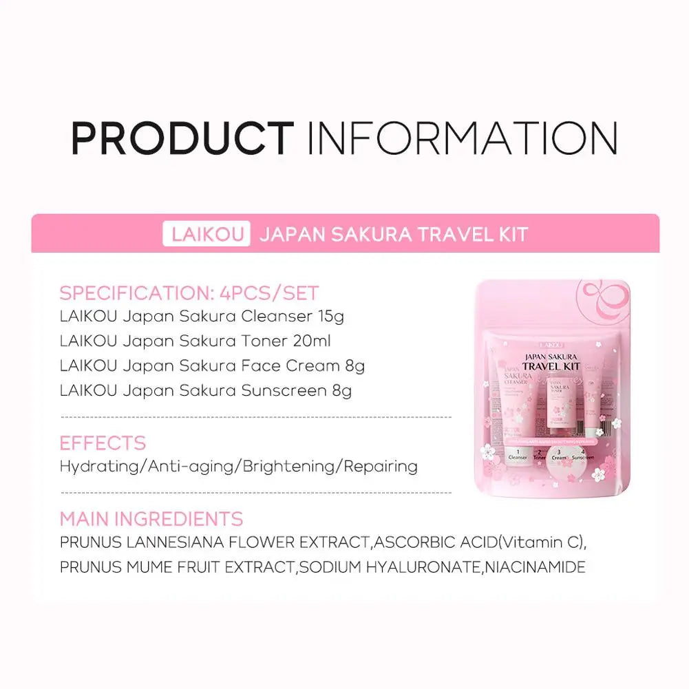 4pcs/Bag Sakura Skin Care Sets Facial Cleanser Face Face Toner Sunscreen Moisturizing Smoothing Nourishing Skincare Product