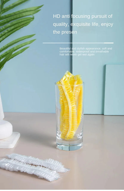 Women's Disposable Shower Cap, Plastic Waterproof Head Cover, Pink Spa Salon, Hotel Hair Dye, Elastic Hair Cap, 100 Pieces/set