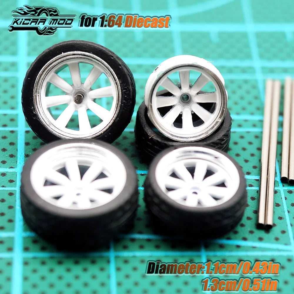Kicarmod 1/64 Model Car ABS Wheels with Rubber Tire Metal Rims Front Small Rear Large Refitting Parts For Model Car Hot Wheels