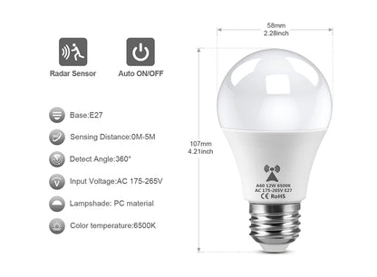 Microwave Radar Detection LED Light Bulb 220V E27 12W Radar Motion Induction Lamp Built-in Radar/Light Sensors For Home Stairs