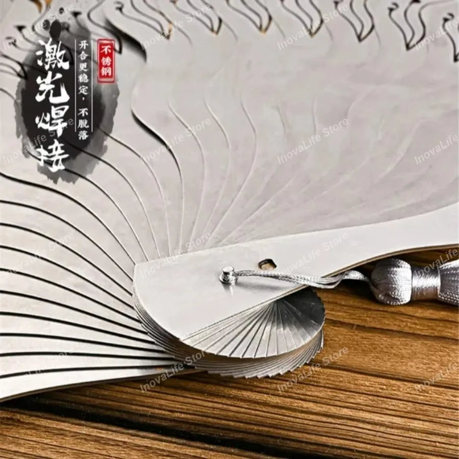 Chinese Fine Metal Antique Fan Hollow Self-Defense Kung Fu Tai Chi Fans Portable Men Stainless Steel Folding Fan Home Decor