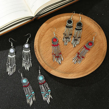 Bohemian Long Tassel Earrings For Women Handmade Jewelry Beads Chain Drop Earrings Big Round Resin Stone Dangle Ethnic Earrings